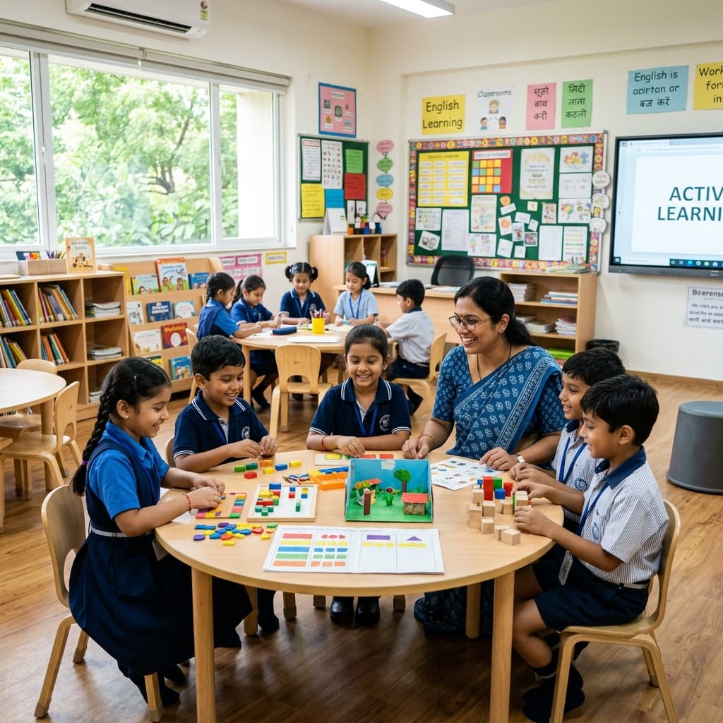 Teacher interacting with preschool children in classroom